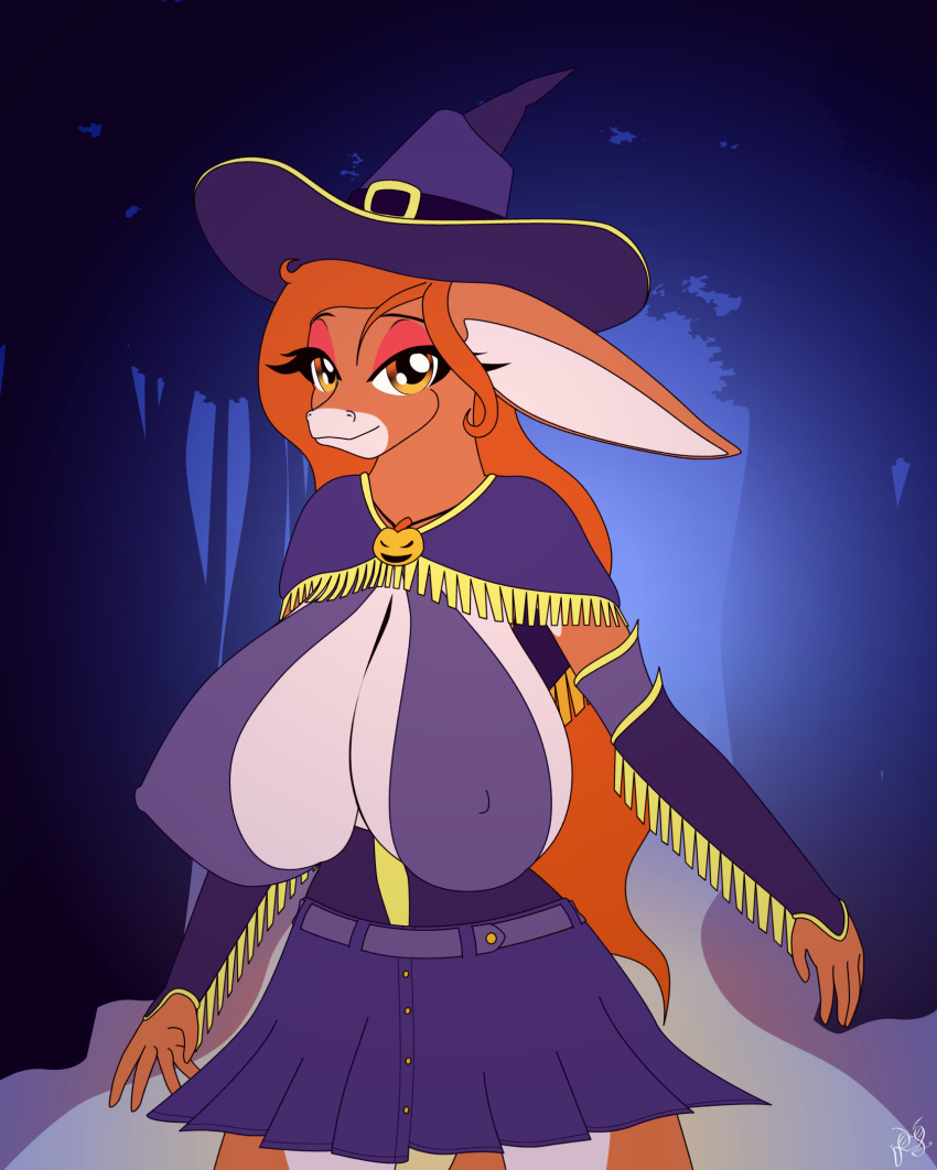 2017 big_breasts breasts cleavage clothed clothing donkey elae_meltaea equine female fibs food forest fruit halloween holidays huge_breasts looking_at_viewer magic_user mammal pepita_burracho pumpkin solo tree vector witch