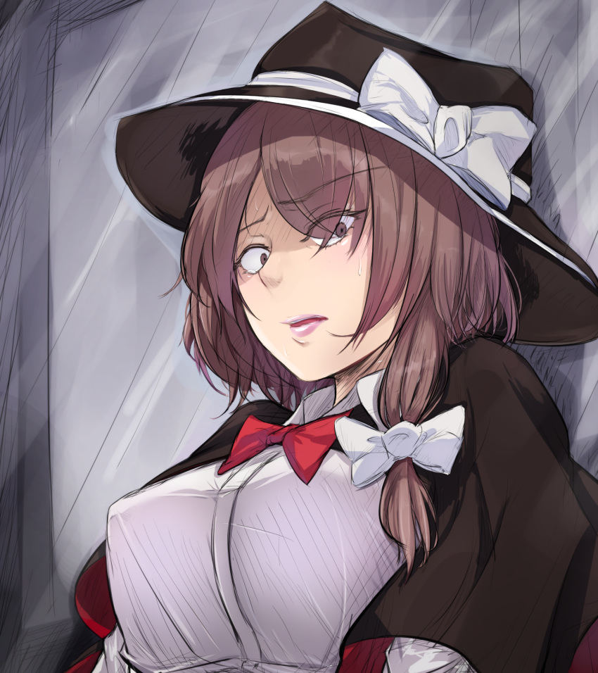 black_hat bow bowtie breasts brown_hair capelet constricted_pupils covered_nipples hat hat_bow highres large_breasts lips lipstick looking_at_viewer makeup open_mouth pink_lips red_neckwear tearing_up touhou translation_request usami_renko usutominsutaa witch_hat