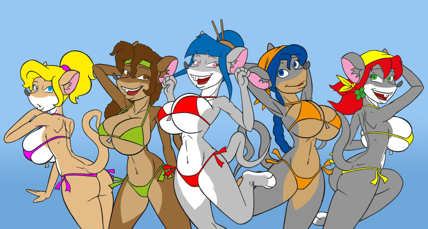 anthro big_breasts bikini blonde_hair blue_eyes blue_hair breasts brown_eyes brown_fur brown_hair buckteeth cleavage clothed clothing colette_(thea_sisters) creatiffy eyelashes female fur geronimo_stilton_(series) gradient_background green_eyes grey_fur grin group hair happy huge_breasts inner_ear_fluff mammal mouse multicolored_fur nicky_(thea_sisters) open_mouth pamela_(thea_sisters) paulina_(thea_sisters) pink_eyes red_hair rodent simple_background smile swimsuit teeth thea_sisters two_tone_fur violet_(thea_sisters) white_fur