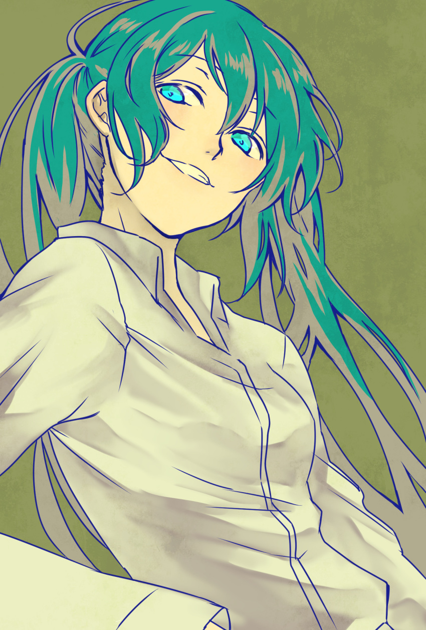 blue_eyes blue_hair eyebrows_visible_through_hair grey_background grin hatsune_miku highres long_hair long_sleeves looking_away shirt simple_background smile solo super_jimao_time twintails upper_body very_long_hair vocaloid white_shirt