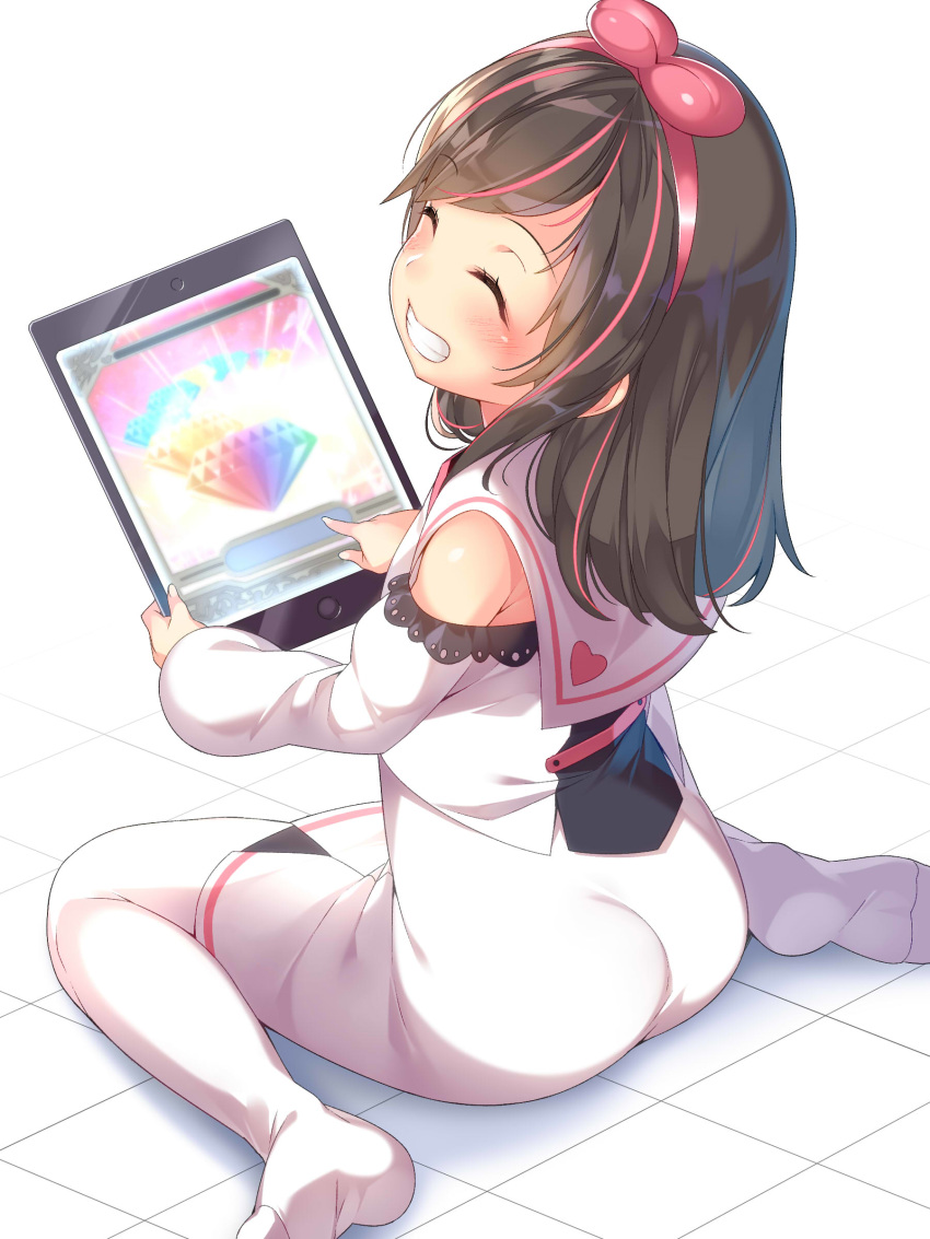 ^_^ a.i._channel absurdres bangs bare_shoulders blush brown_hair child closed_eyes commentary_request detached_sleeves eyebrows_visible_through_hair facing_viewer fingernails grin highres holding kizuna_ai kokka_han long_hair long_sleeves multicolored_hair nail_polish no_shoes pink_hair puffy_long_sleeves puffy_sleeves sailor_collar shirt sitting skirt smile solo streaked_hair thighhighs tile_floor tiles virtual_youtuber wariza white_background white_legwear white_nails white_sailor_collar white_shirt white_skirt younger