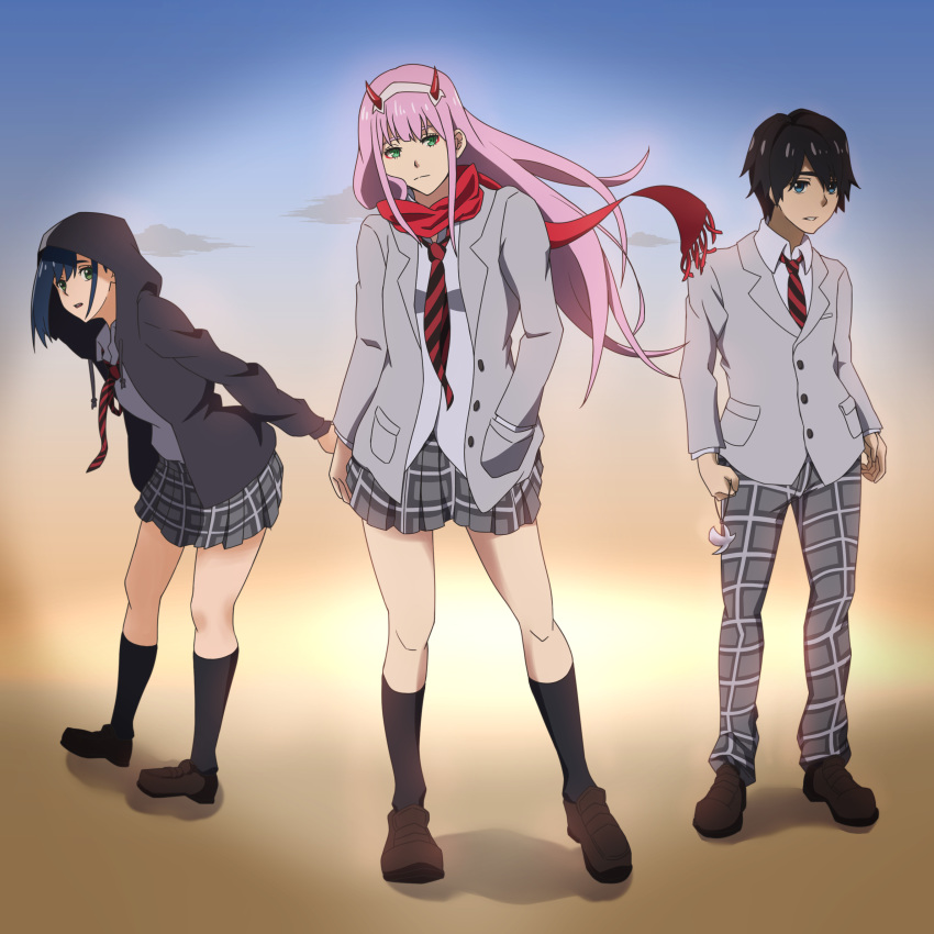 2girls absurdres arm_behind_back black_jacket blue_eyes blue_hair brown_footwear collared_shirt commentary_request darling_in_the_franxx green_eyes grey_pants grey_skirt hand_in_pocket hand_on_back highres hiro_(darling_in_the_franxx) holding hood hood_up hooded_jacket ichigo_(darling_in_the_franxx) jacket long_sleeves looking_at_viewer multiple_girls necktie open_clothes open_mouth panties pants peinttokage plaid plaid_pants plaid_skirt pleated_skirt red_neckwear red_scarf scarf school_uniform shirt shoes skirt striped striped_neckwear underwear white_shirt wing_collar zero_two_(darling_in_the_franxx)