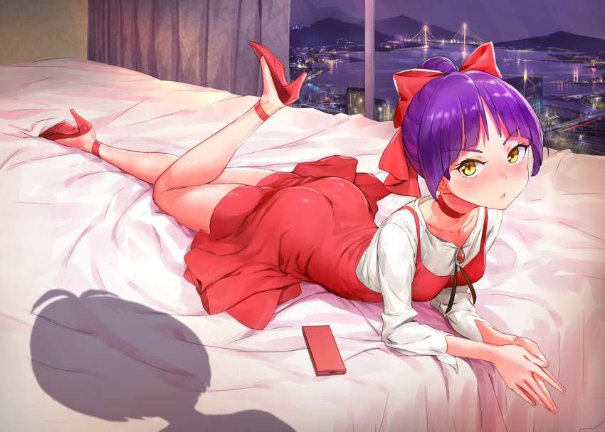:&lt; ankle_strap ass bangs bare_legs bed blush bow bridge brooch cellphone choker cityscape collarbone crystal_shoujo curtains dress eyebrows_visible_through_hair gegege_no_kitarou hair_bow hair_bun hands_together high_heels indoors jewelry kitarou leg_up long_sleeves looking_at_viewer lying nekomusume nekomusume_(gegege_no_kitarou_6) night on_bed on_stomach phone pointy_ears purple_hair red_bow red_choker red_dress red_footwear shadow shirt shoes short_hair smartphone solo_focus white_shirt window yellow_eyes
