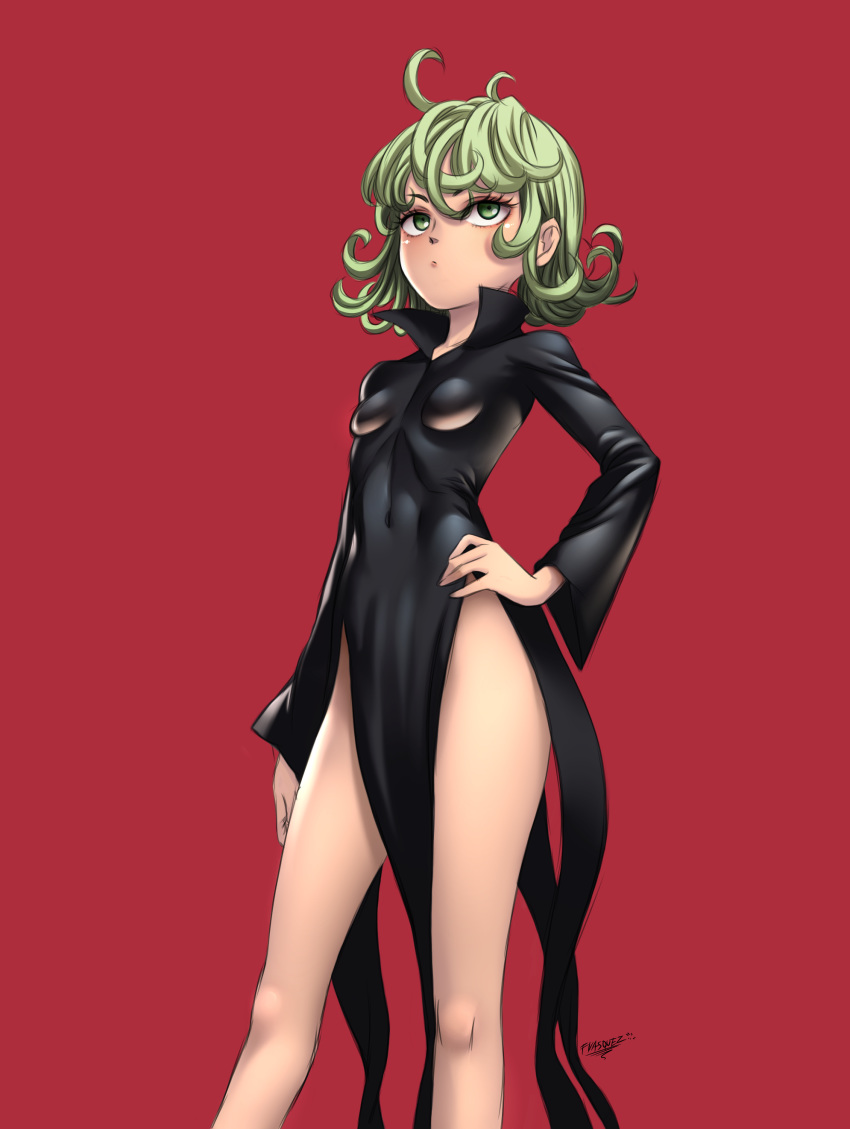 absurdres ahoge bare_legs breasts covered_navel curly_hair feet_out_of_frame green_eyes green_hair hand_on_hip highres juan_romero legs long_sleeves one-punch_man pelvic_curtain red_background short_hair signature simple_background small_breasts solo standing tatsumaki thighs