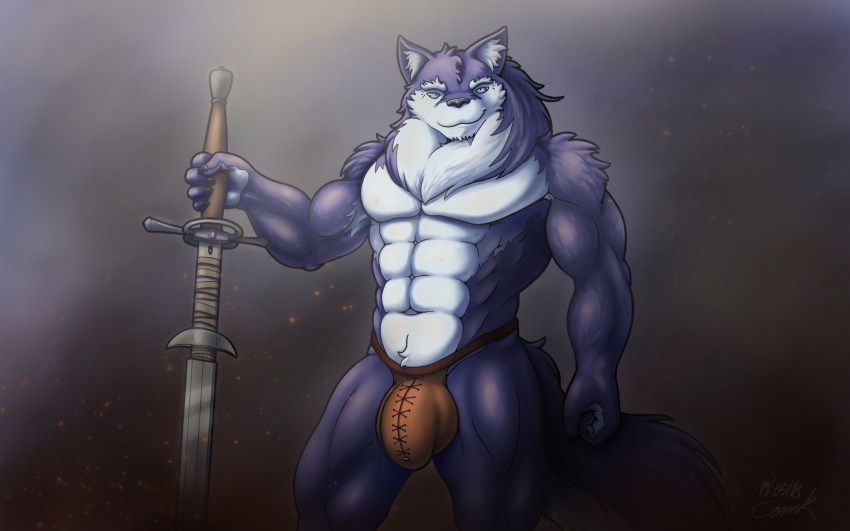 16:10 2018 abs anthro biceps big_bulge biped bulge canine clothed clothing corrsk digital_media_(artwork) fur greatsword hi_res holding_object holding_weapon looking_at_viewer male mammal mane melee_weapon muscular muscular_male pecs penis_outline purple_fur simple_background smile solo standing sword topless underwear wallpaper weapon white_fur wolf