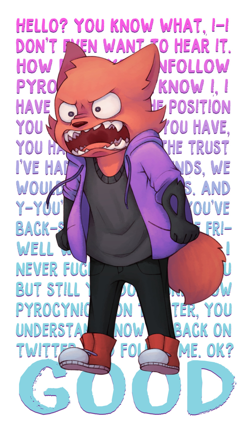 angry anthro canine clothed clothing footwear fox fully_clothed fur hi_res hoodie jeans mammal open_mouth pants pyrocynical red_fur sharp_teeth shirt shoes sketchy-macrocosm solo teeth