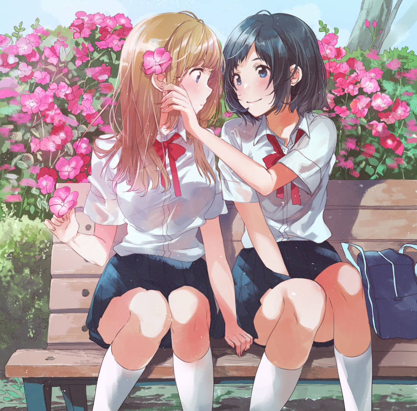 absurdres bag bench blush bow breasts bush comic_yuri_hime commentary_request dress_shirt flower fly_(marguerite) hair_flower hair_ornament highres holding holding_flower huge_filesize kneehighs long_hair multiple_girls playing_with_another's_hair profile red_bow red_neckwear red_ribbon ribbon school_bag school_uniform shirt short_hair short_sleeves sitting skirt smile socks white_legwear white_shirt yuri