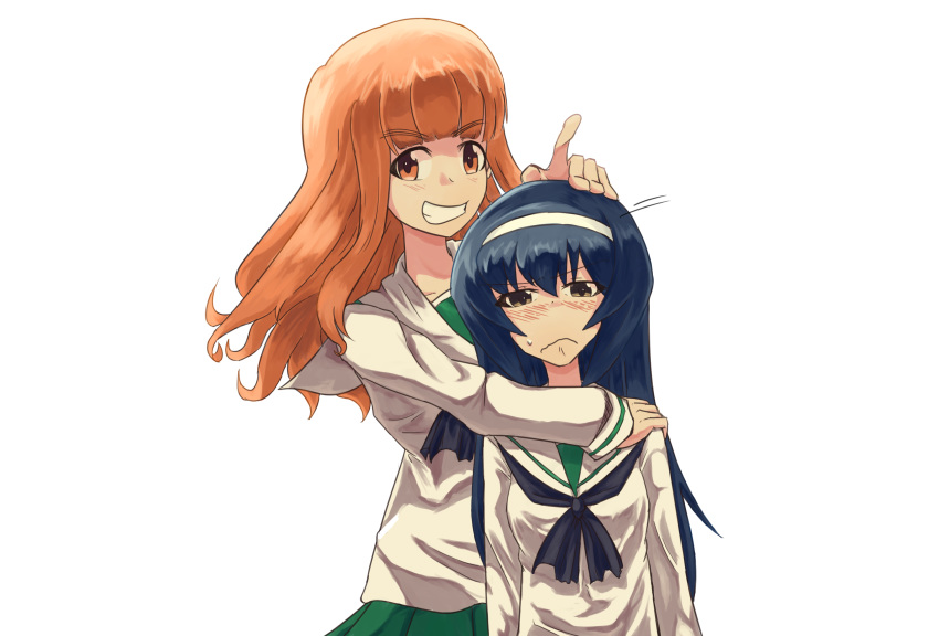 bangs black_hair black_neckwear blouse blunt_bangs blush brown_eyes closed_mouth commentary eyebrows_visible_through_hair frown girls_und_panzer green_skirt grin hairband hand_on_another's_head hand_on_another's_shoulder highres hug long_hair long_sleeves looking_at_viewer motion_lines multiple_girls neckerchief ooarai_school_uniform orange_eyes orange_hair pleated_skirt pose reizei_mako school_uniform serafuku simple_background skirt smile standing sweatdrop takebe_saori upper_body urouchi white_background white_blouse white_hairband