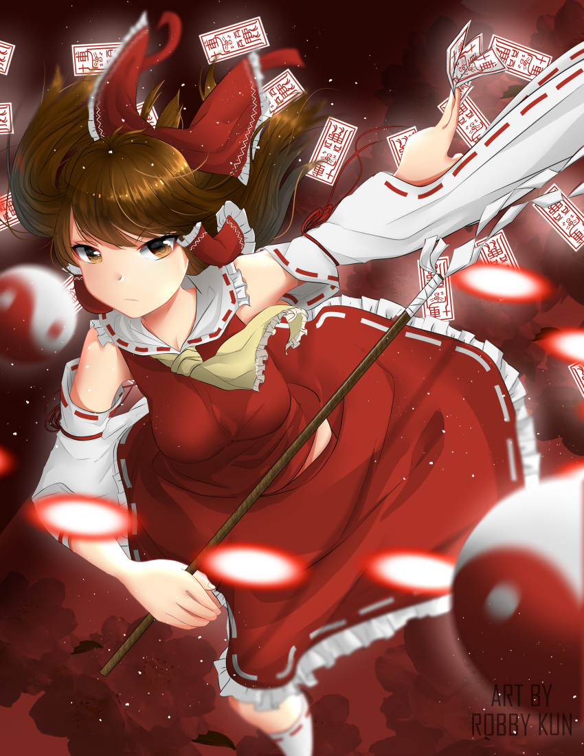 arms_behind_back breasts bullet card commentary_request detached_sleeves dress falling_card hakurei_reimu highres holding holding_staff looking_at_viewer outstretched_arm red_dress robby_kun short_hair staff touhou