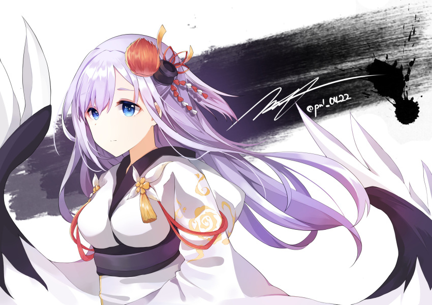 absurdres azur_lane bangs black_sash blue_eyes breasts closed_mouth commentary_request expressionless eyebrows_visible_through_hair floating_hair flower hair_between_eyes hair_flower hair_ornament highres hood hood_down hooded_kimono japanese_clothes kanzashi kimono korean_commentary large_breasts lavender_hair long_hair looking_at_viewer mole mole_under_eye obi paaru sash shoukaku_(azur_lane) sidelocks signature solo tareme tassel twitter_username upper_body wide_sleeves wind wind_lift