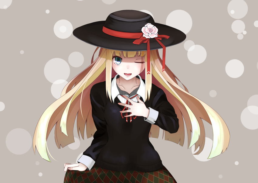 ;d bad_id bad_pixiv_id bangs black_hat black_sweater blonde_hair blue_eyes blunt_bangs collarbone floating_hair flower grey_background hat hat_flower hat_ribbon highres lens_flare long_hair looking_at_viewer neck_ribbon one_eye_closed open_mouth original oriuo_q pink_flower red_ribbon ribbon shirt skirt_hold smile solo sun_hat sweater upper_body very_long_hair white_shirt