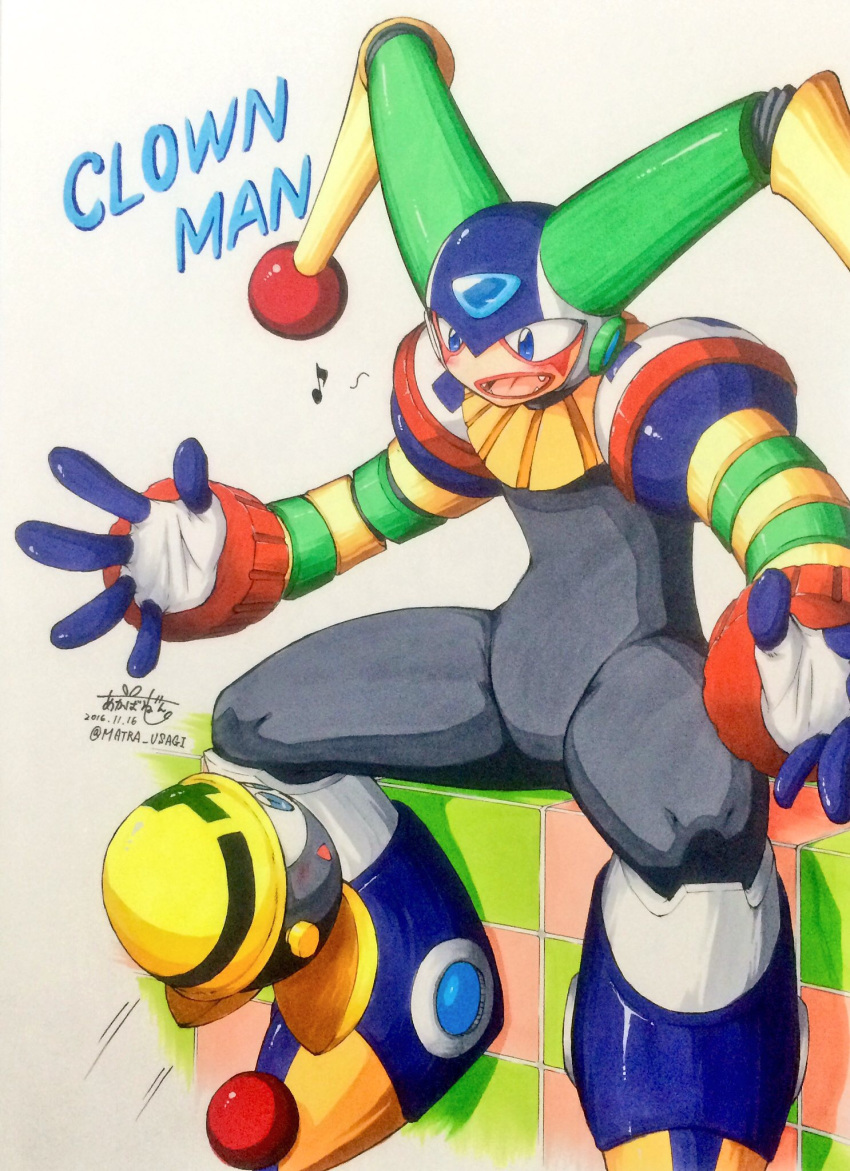 ambiguous_gender blue_eyes capcom clown clown_man duo featureless_crotch happy hi_res humanoid jinya machine male mega_man_(series) met_(mega_man) not_furry open_mouth robot robot_master signature sitting text traditional_media_(artwork) video_games waddling_head あかばね_じん