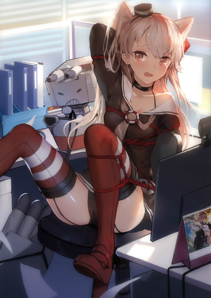 absurdres amatsukaze_(kantai_collection) arm_up bdsm black_panties breasts brown_eyes choker cleavage collarbone dress garter_straps highres indoors kantai_collection long_hair non-web_source off_shoulder panties photo_(object) red_legwear rensouhou-kun restrained sailor_dress shibari shibari_over_clothes shimakaze_(kantai_collection) short_dress silver_hair small_breasts solo swd3e2 tears thighhighs two_side_up underwear