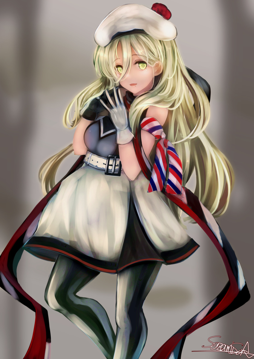 beret blonde_hair commentary dress feet_out_of_frame gloves hair_between_eyes hat highres kantai_collection long_hair looking_at_viewer mole mole_under_eye mole_under_mouth multicolored multicolored_clothes multicolored_dress multicolored_gloves multicolored_legwear multicolored_scarf pom_pom_(clothes) richelieu_(kantai_collection) sazamiso_rx scarf signature solo strapless strapless_dress yellow_eyes