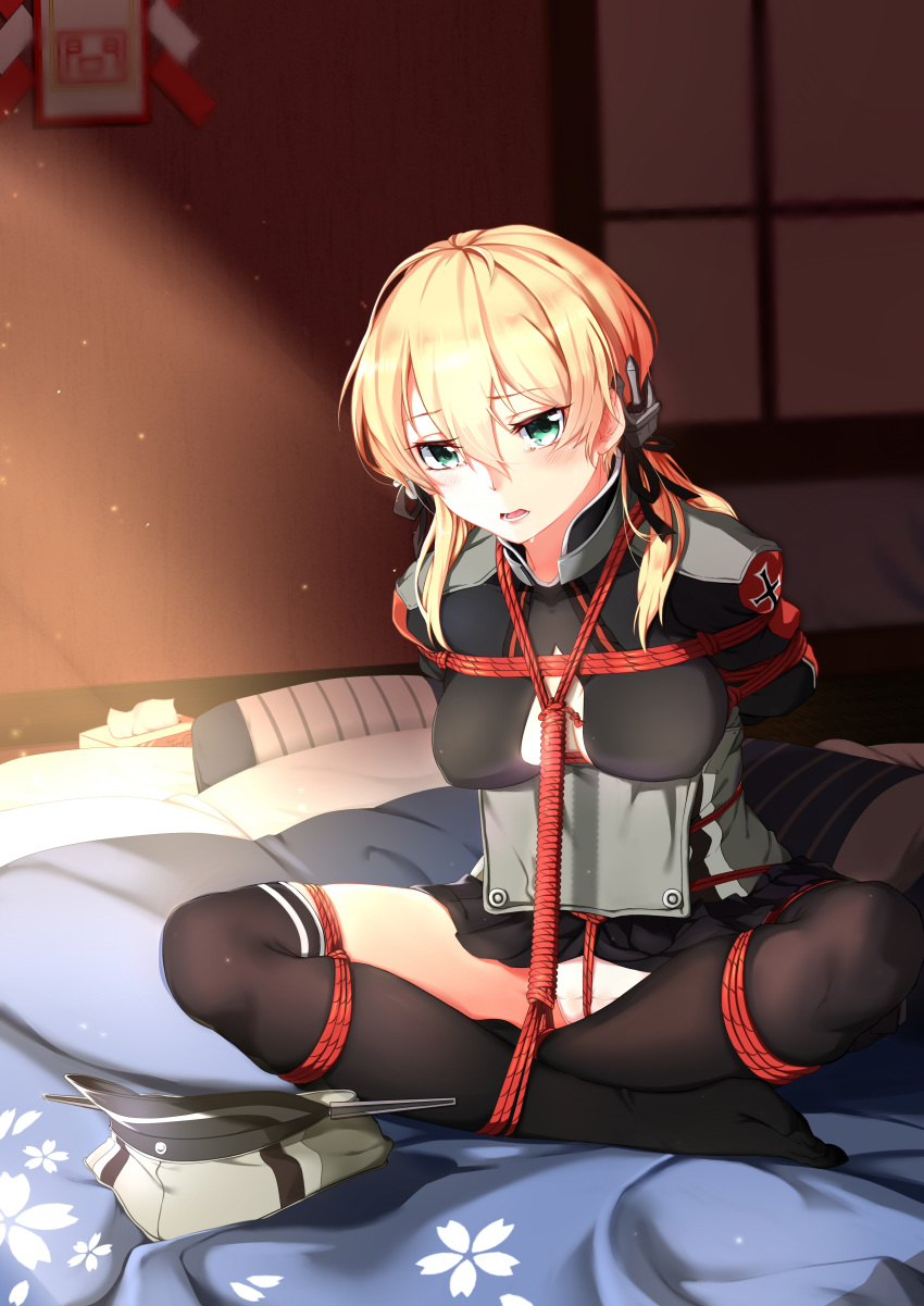 anchor_hair_ornament aqua_eyes bdsm black_legwear blonde_hair blush bondage bound crossed_ankles crotch_rope hair_ornament hat hat_removed headwear_removed highres iron_cross kantai_collection low_twintails microskirt military military_uniform panties prinz_eugen_(kantai_collection) restrained skirt tears tendo_(zhazhatiantong) thighhighs twintails underwear uniform