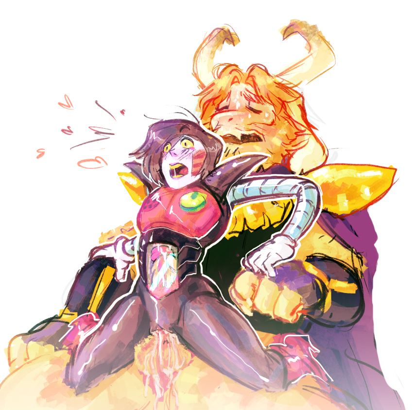 2015 anthro asgore_dreemurr barelynsfw_(artist) black_hair blonde_hair blush boss_monster caprine chair_position clothed clothing cum cum_inside cuntboy cuntboy/male duo erection from_behind_position fur girly goat hair hi_res horn humanoid humanoid_penis internal intersex intersex/male large_penetration larger_male machine male mammal mettaton mettaton_ex on_lap open_mouth penetration penis robot sex shiny shocked simple_background sitting sitting_on_lap size_difference smaller_cuntboy smaller_intersex soul straddling undertale video_games white_fur