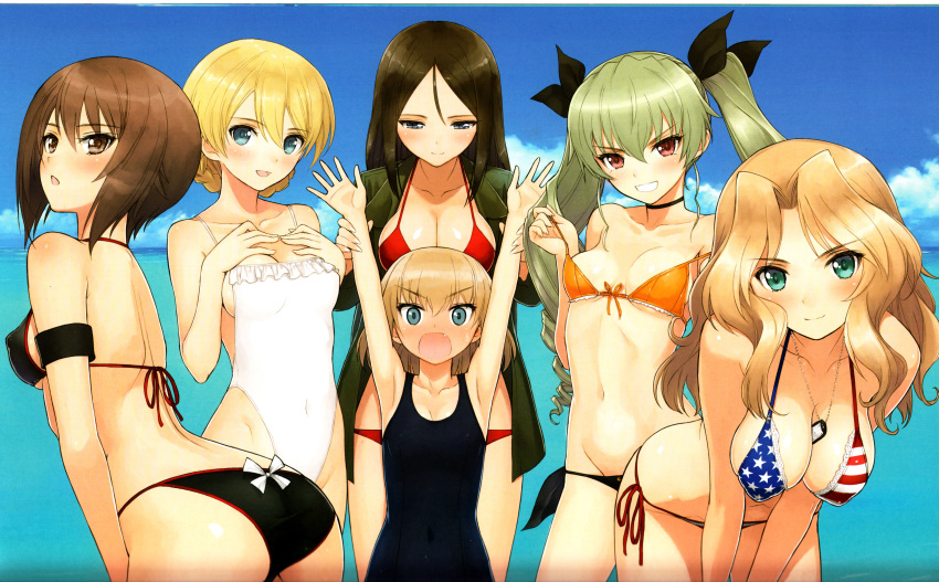 absurdres american_flag_bikini anchovy ass beach bikini blonde_hair blue_eyes blush breasts brown_eyes brown_hair cleavage collarbone covered_nipples darjeeling drill_hair fang flag_print girls_und_panzer green_hair groin highres huge_filesize katyusha kay_(girls_und_panzer) large_breasts looking_at_viewer medium_breasts multiple_girls navel nishizumi_maho non-web_source nonna ocean open_mouth red_eyes short_hair sky small_breasts smile sweat swimsuit swimwear tanaka_takayuki twintails