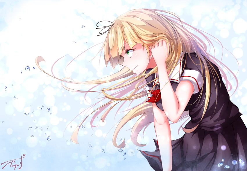 arm_at_side baileys_(tranquillity650) black_ribbon black_serafuku blonde_hair blurry blush bokeh breasts commentary depth_of_field eyebrows_visible_through_hair floating_hair from_side green_eyes hair_ornament hair_ribbon hairclip hand_in_hair highres kantai_collection leaning_forward light_particles long_hair looking_afar medium_breasts neckerchief pleated_skirt red_neckwear ribbon scarf school_uniform serafuku sidelocks signature skirt smile solo tareme water_drop wet_face white_scarf wind yuudachi_(kantai_collection)