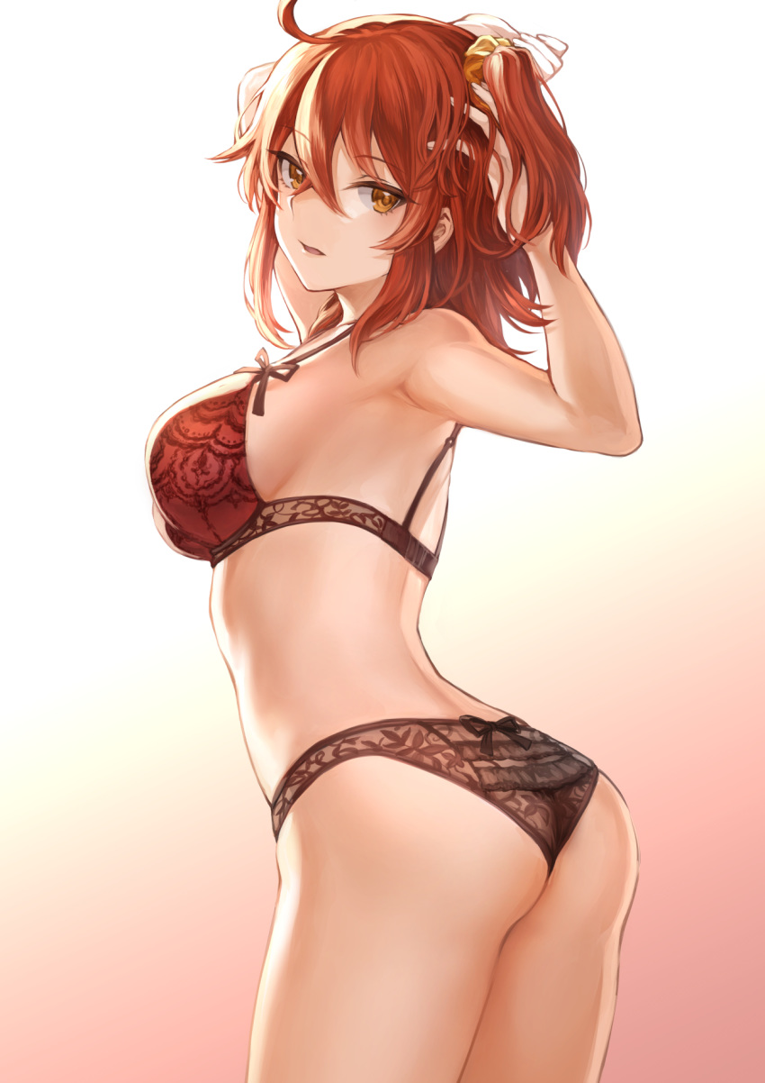 adjusting_hair ahoge arched_back armpits arms_up artist_name ass black_panties blonde_hair bra breasts commentary cowboy_shot eyebrows_visible_through_hair fate/grand_order fate_(series) from_behind fujimaru_ritsuka_(female) gradient gradient_background hair_between_eyes hair_ornament hair_scrunchie hand_in_hair highres lace lace_bra lace_panties looking_at_viewer looking_back mashu_003 medium_breasts orange_hair panties parted_lips red_bra scrunchie signature solo twitter_username underwear yellow_scrunchie
