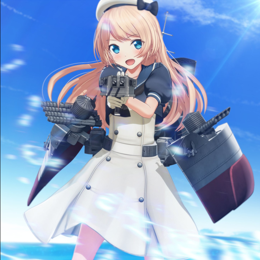 aiming blonde_hair blue_eyes blue_sailor_collar blue_sky cannon cloud cowboy_shot day dress eyebrows_visible_through_hair gloves hat highres jervis_(kantai_collection) kantai_collection long_hair looking_at_viewer open_mouth outdoors ponpu-chou rigging sailor_collar sailor_dress sailor_hat short_sleeves sky solo turret white_dress white_gloves white_hat