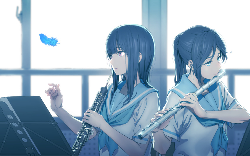 bangs black_hair blue blue_eyes blue_sailor_collar feathers flute hibike!_euphonium instrument kasaki_nozomi koubakotone liz_to_aoi_tori long_hair multiple_girls music music_stand nail_polish neckerchief oboe parted_lips pink_eyes pink_nails playing_instrument ponytail sailor_collar school_uniform serafuku shirt short_sleeves white_shirt window yoroizuka_mizore