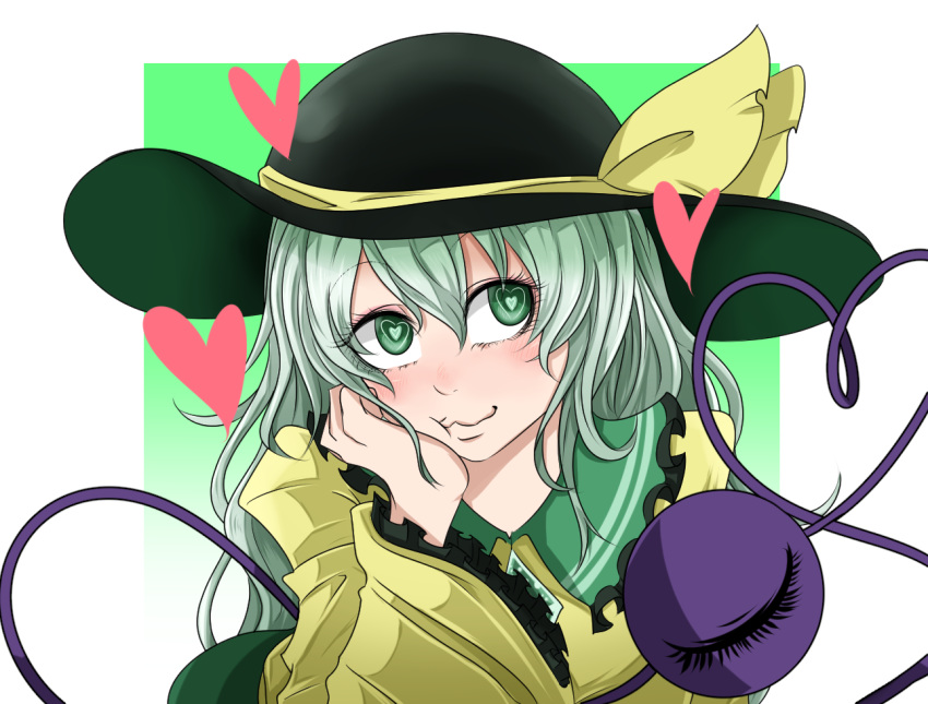 black_hat blush commentary_request green_eyes green_hair hair_between_eyes hand_on_own_face hat heart heart-shaped_pupils heart_of_string komeiji_koishi long_sleeves looking_at_viewer sei_no_ji solo symbol-shaped_pupils touhou wide_sleeves