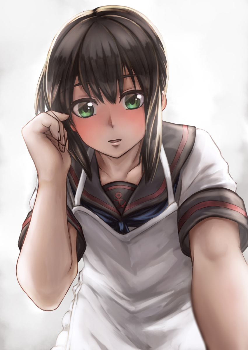 aira_(qwedcxza49) apron black_hair black_sailor_collar commentary_request fubuki_(kantai_collection) green_eyes highres kantai_collection leaning_forward looking_at_viewer low_ponytail pleated_skirt ponytail pov remodel_(kantai_collection) sailor_collar school_uniform serafuku short_ponytail sidelocks skirt solo white_apron