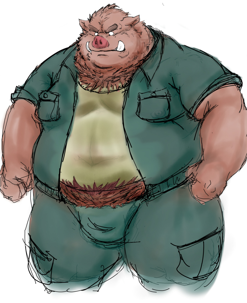 2011 barazoku boar bulge clothed clothing facing_viewer fully_clothed kemono kotobuki male mammal muscular obese overweight porcine simple_background solo standing three-quarter_profile white_background