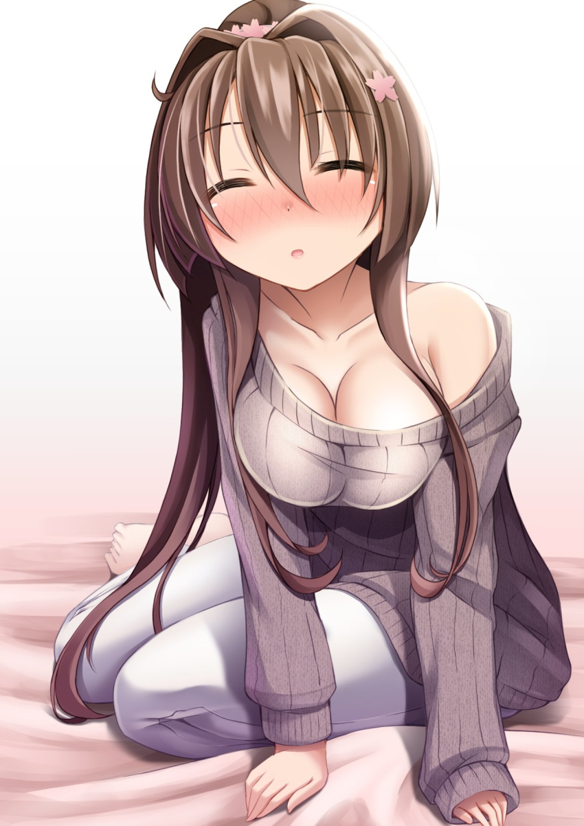 bare_shoulders blush breasts brown_hair brown_sweater cherry_blossoms cleavage closed_eyes collarbone facing_viewer flower full_body gorito hair_flower hair_ornament highres incoming_kiss kantai_collection large_breasts long_hair off-shoulder_sweater pants ponytail ribbed_sweater sitting solo sweater white_pants yamato_(kantai_collection)