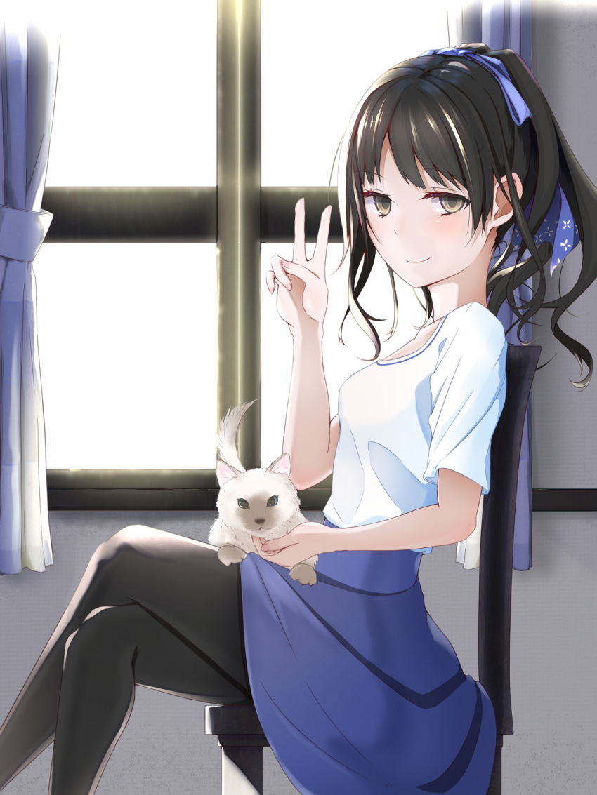 black_hair black_legwear blue_ribbon blue_skirt brown_eyes cat_on_lap crossed_legs from_side hair_ribbon highres indoors long_hair looking_at_viewer miniskirt original oriuo_q pantyhose ponytail ribbon shirt short_sleeves sitting skirt smile solo v white_shirt window