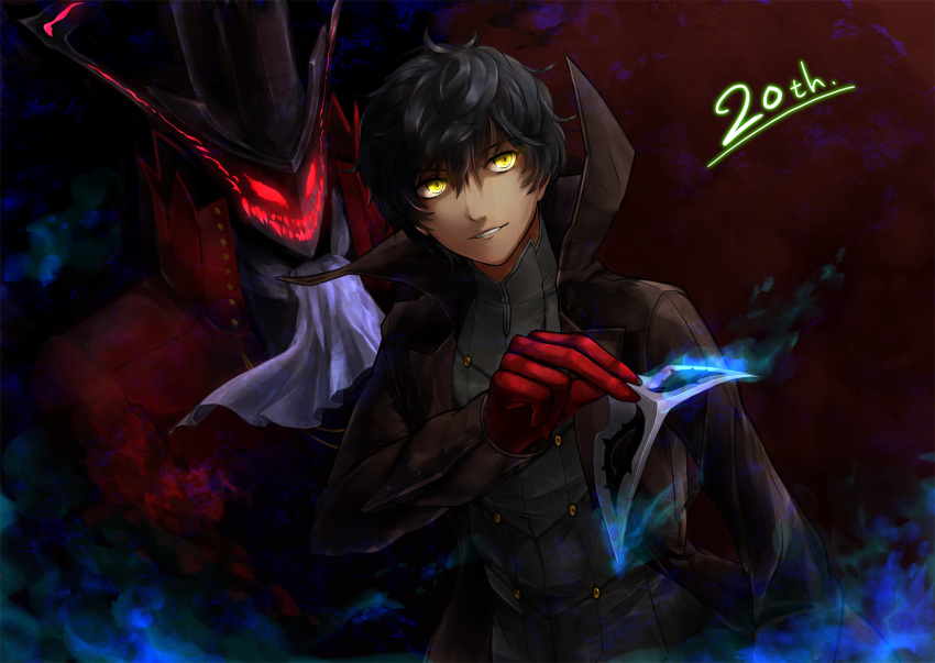 amamiya_ren arsene_(persona_5) bangs black_hair gloves hair_between_eyes highres holding holding_mask honeycheshire looking_at_viewer male_focus mask parted_lips persona persona_5 red_gloves smile yellow_eyes