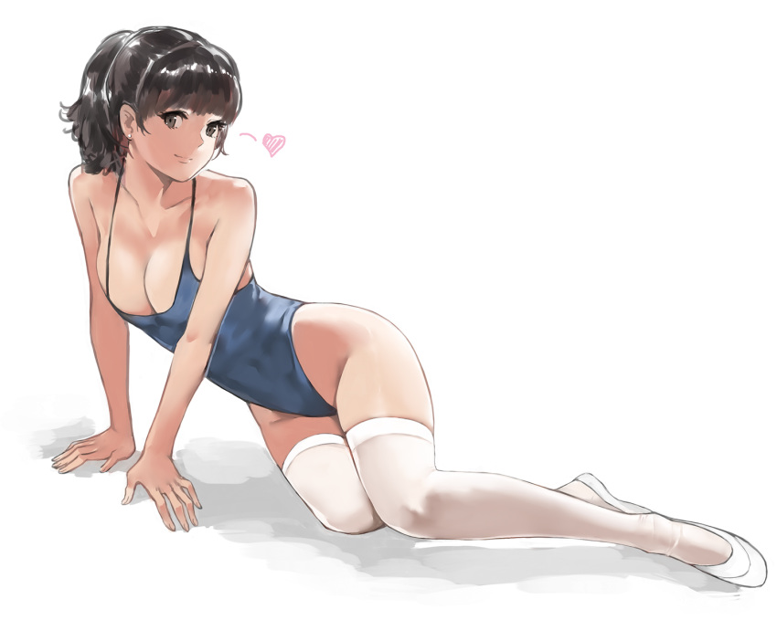 black_eyes black_hair blue_swimsuit breasts casual_one-piece_swimsuit cleavage full_body highleg highleg_swimsuit looking_at_viewer medium_breasts one-piece_swimsuit original ponytail short_hair simple_background sitting solo swimsuit thighhighs white_background white_footwear white_legwear yokozuwari zhuxiao517