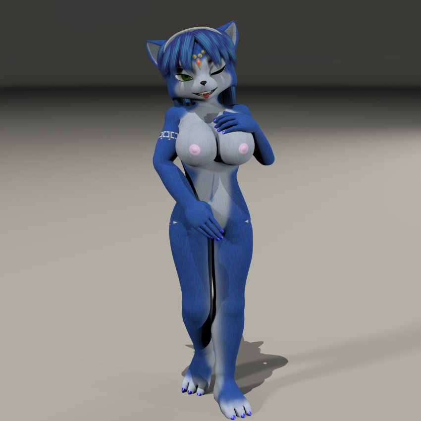 3d_(artwork) anthro big_breasts black_nose breasts canine covering covering_crotch demarticusstone digital_media_(artwork) female hair krystal mammal markings nintendo nipples nude one_eye_closed open_mouth solo star_fox teasing teeth tongue tongue_out video_games wink