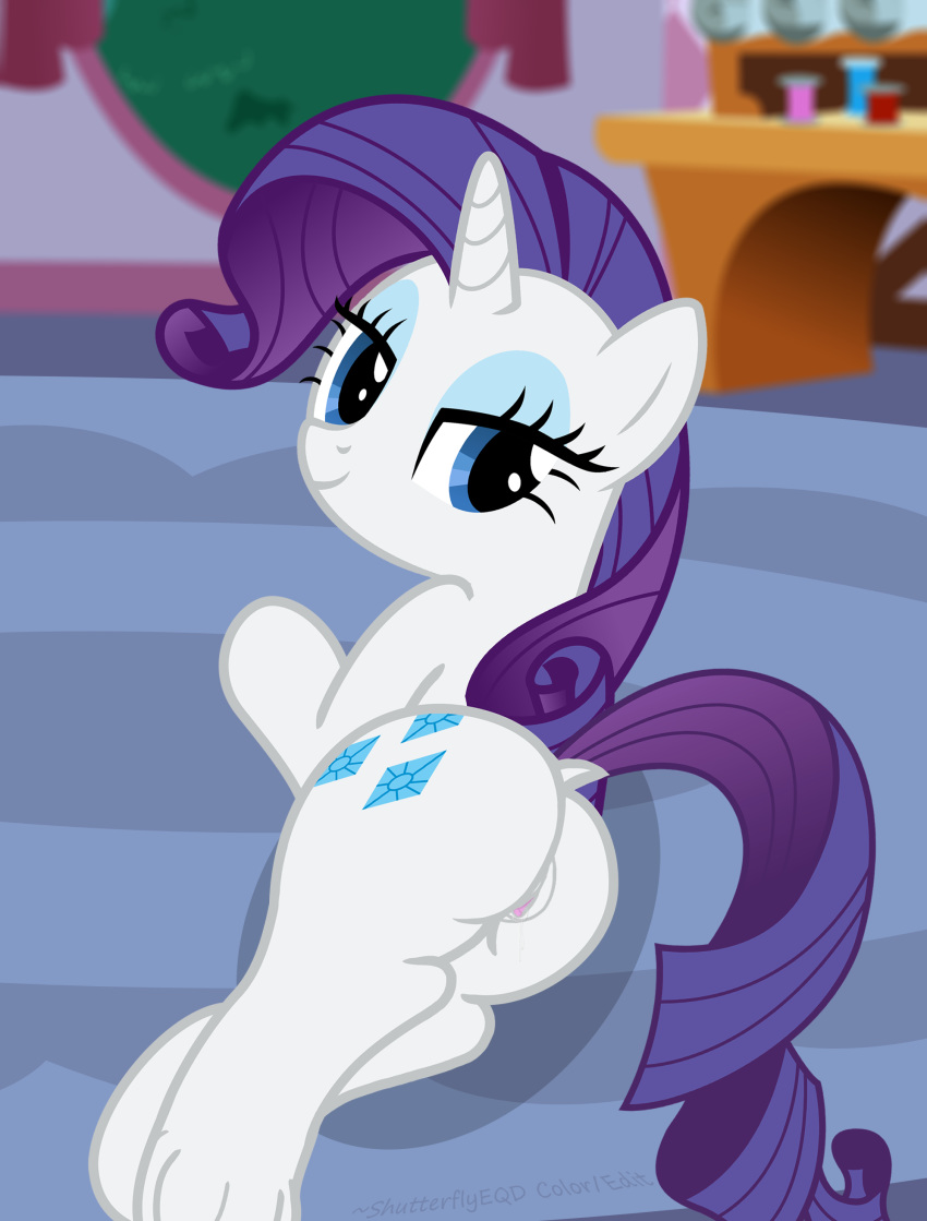 2015 anus butt clitoral_winking clitoris cutie_mark dock equine female feral friendship_is_magic hair hi_res horn looking_at_viewer looking_back mammal my_little_pony puffy_anus pussy pussy_juice rarity_(mlp) shutterflyeqd smile solo unicorn