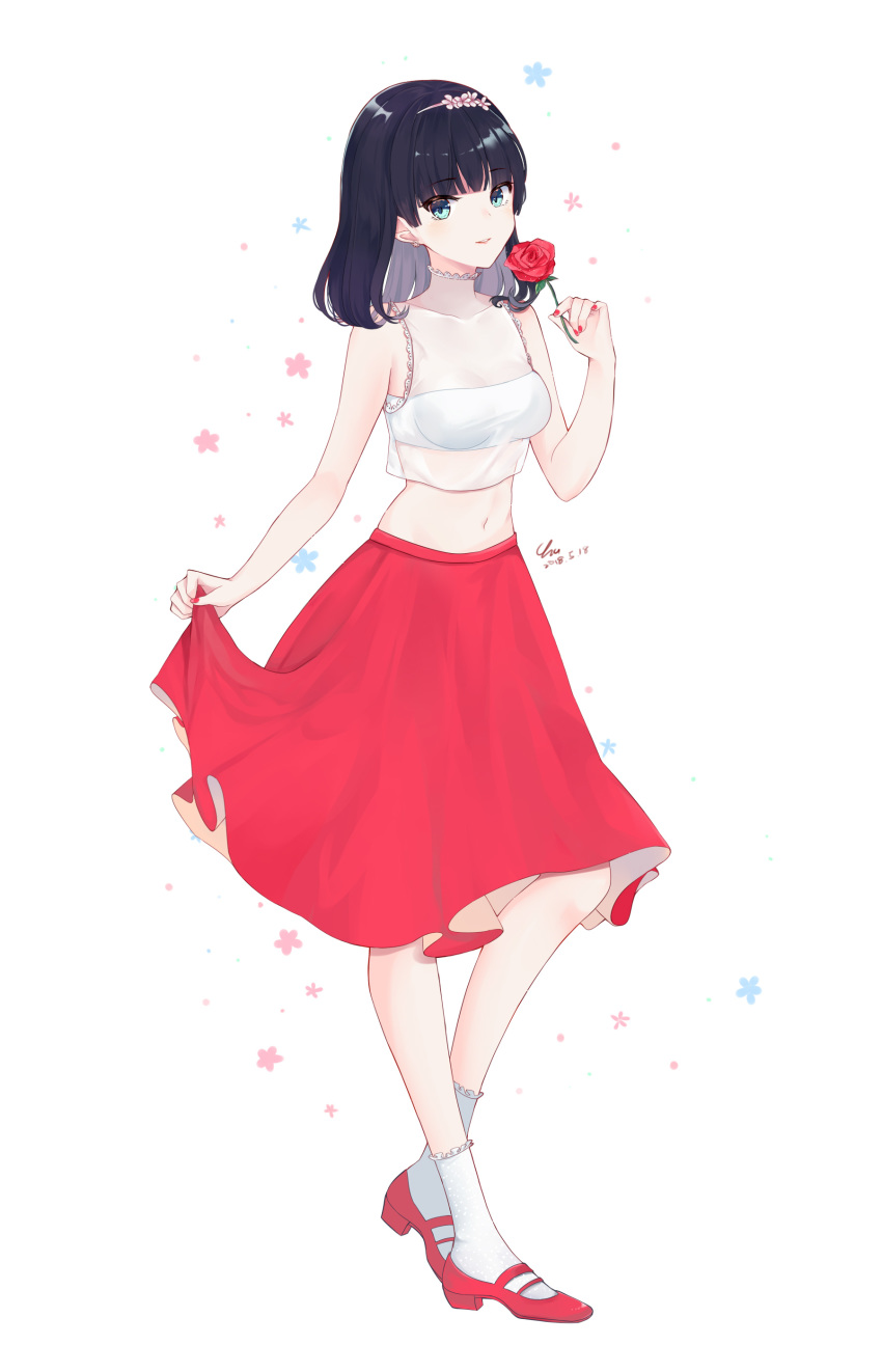 2018 absurdres bangs black_hair blue_eyes blunt_bangs breasts chu_(huaha1320) crop_top dated eyebrows_visible_through_hair flower full_body highres holding holding_flower long_hair looking_at_viewer medium_breasts midriff navel original pumps red_flower red_footwear red_skirt see-through signature simple_background skirt skirt_hold sleeveless smile socks solo standing stomach white_background white_legwear