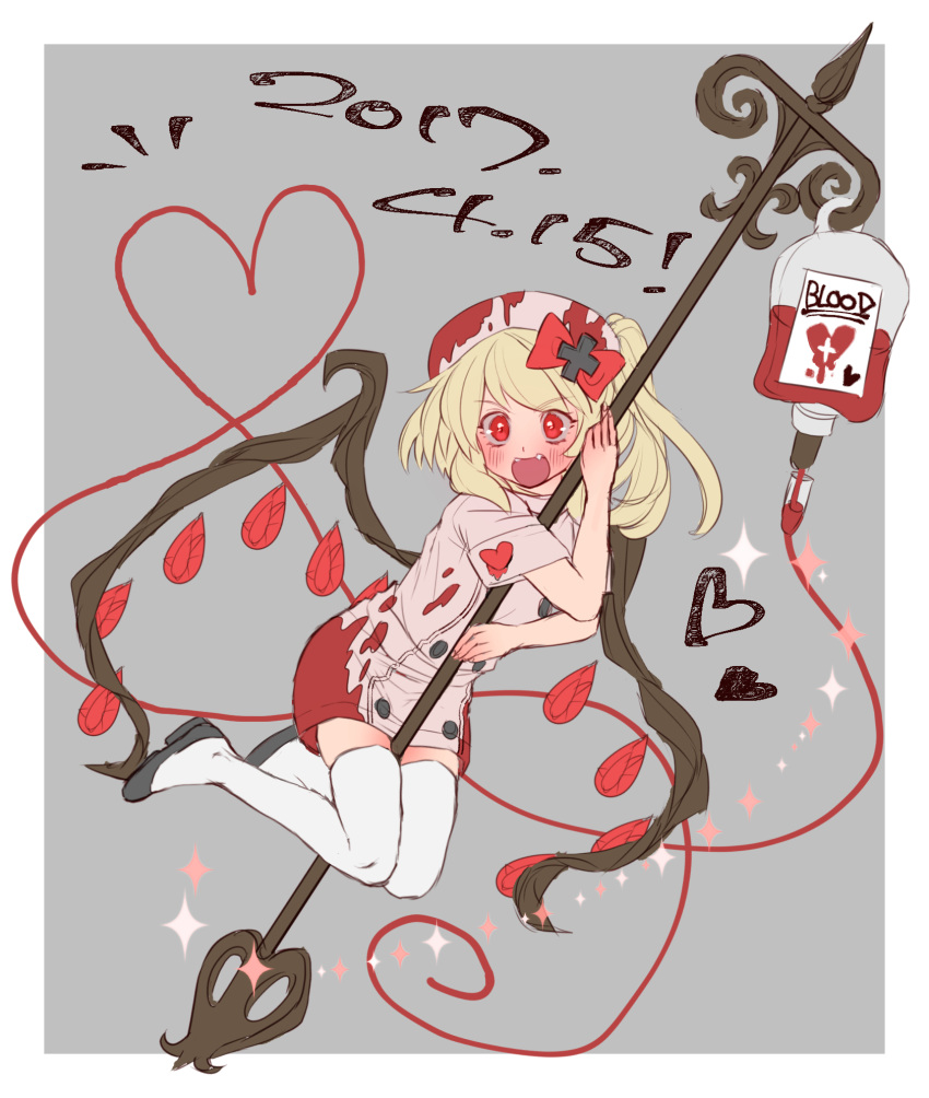 :d alternate_costume between_legs black_footwear blonde_hair blood blood_bag bloody_clothes blush bow dress fangs flandre_scarlet full_body hair_bow hat heart heart_of_string highres laevatein long_hair masanaga_(tsukasa) nurse nurse_cap open_mouth red_bow red_eyes shoes short_sleeves side_ponytail smile solo sparkle thighhighs touhou white_legwear zettai_ryouiki
