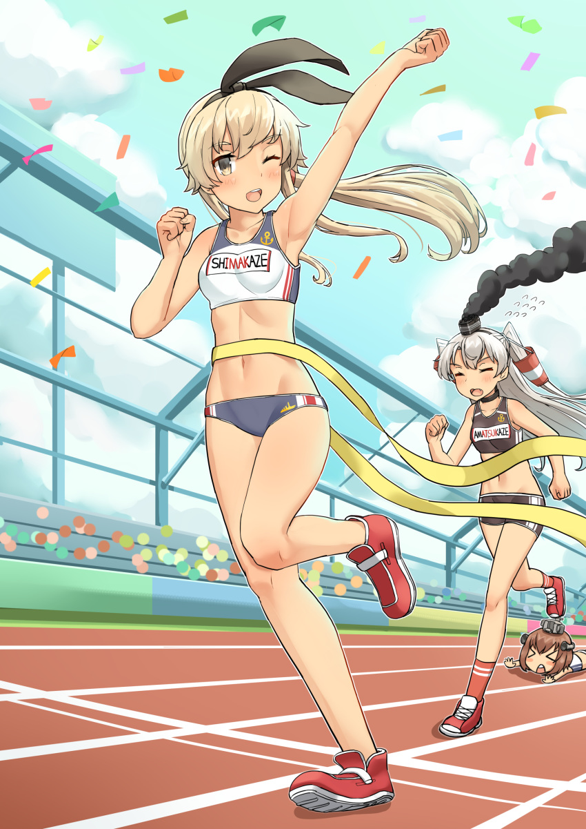 &gt;_&lt; absurdres amatsukaze_(kantai_collection) anchor_symbol arm_up armpits blonde_hair blush breasts brown_hair buruma closed_eyes commentary_request crop_top day finish_line flying_sweatdrops gym_uniform hairband headgear highres kantai_collection long_hair looking_at_viewer lying multiple_girls name_tag navel one_eye_closed open_mouth outdoors red_footwear red_legwear running shimakaze_(kantai_collection) shoes short_hair silver_hair sky small_breasts smile smoke socks soushou_nin standing standing_on_one_leg two_side_up windsock yellow_eyes yukikaze_(kantai_collection)