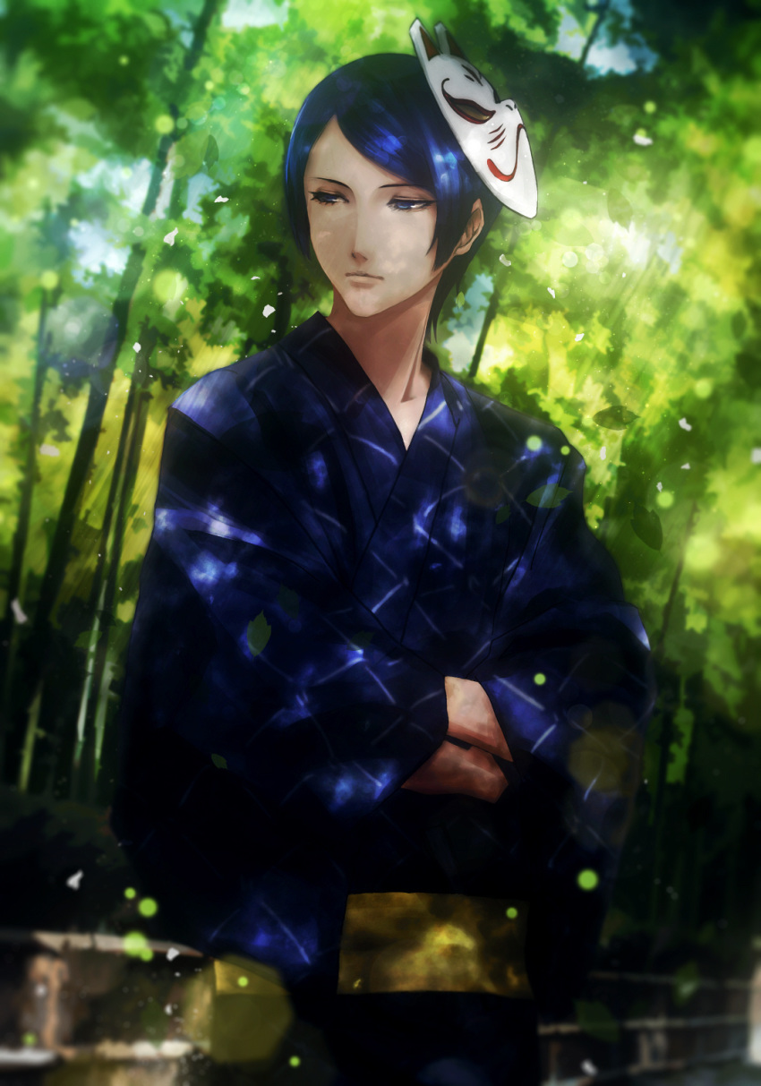blue_eyes blue_hair blue_kimono crossed_arms forest fox_mask highres japanese_clothes kimono kitagawa_yuusuke looking_away male_focus mask mask_on_head nature outdoors persona persona_5 solo standing takumi_(pixiv79547)