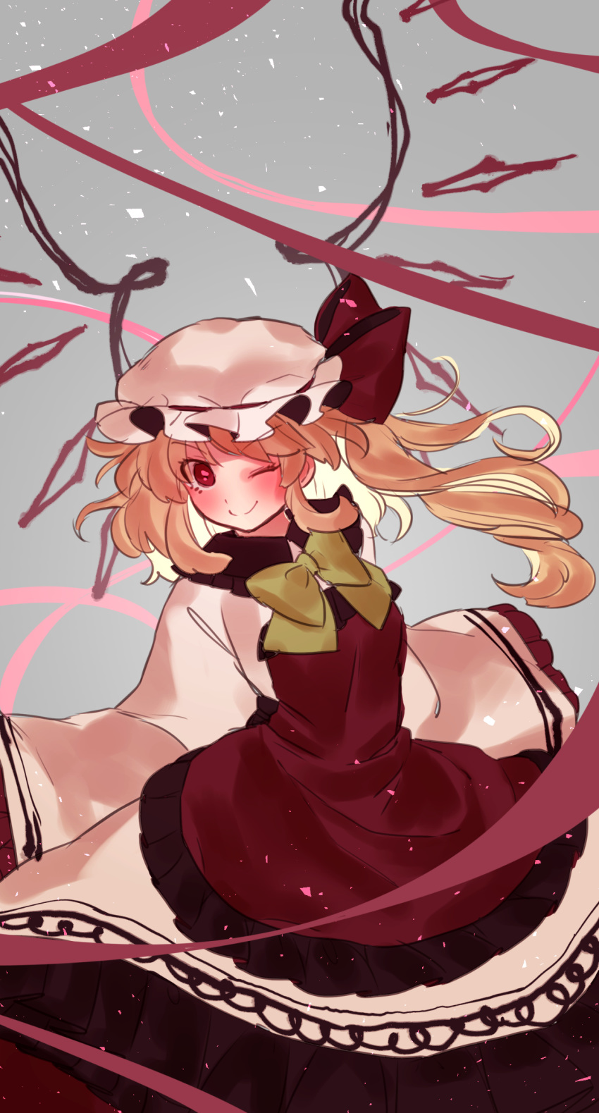 ;) alternate_costume bangs blonde_hair bow bowtie closed_mouth eyebrows_visible_through_hair flandre_scarlet hat hat_bow highres long_hair looking_at_viewer masanaga_(tsukasa) mob_cap one_eye_closed red_bow red_eyes side_ponytail sleeves_past_fingers sleeves_past_wrists smile solo touhou white_hat yellow_neckwear