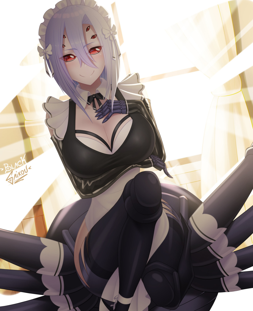 absurdres alternate_costume arachne arm_under_breasts artist_name black_gloves black_legwear blacksaikou blush breast_hold breasts carapace cleavage cleavage_cutout detached_sleeves dutch_angle enmaided extra_eyes eyebrows_visible_through_hair eyes_visible_through_hair gloves hair_between_eyes hand_on_own_chest highres insect_girl large_breasts lavender_hair looking_at_viewer maid maid_headdress medium_hair monster_girl monster_musume_no_iru_nichijou no_pants no_pupils rachnera_arachnera red_eyes smile solo spider_girl sunlight thighhighs window