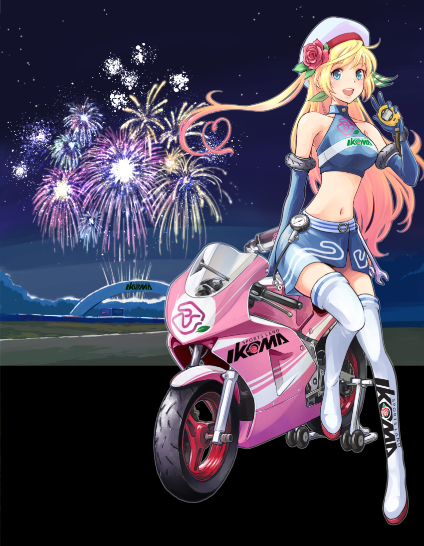 :d blonde_hair blue_eyes blue_gloves blue_skirt boots breasts clothes_writing commentary_request elbow_gloves fireworks flower full_body gloves green_ribbon ground_vehicle hair_flower hair_ornament hair_ribbon hat highres honda large_breasts long_hair midriff motor_vehicle motorcycle navel on_motorcycle one_side_up open_mouth original race_queen ribbon rose saitou_sakae shirt skirt sleeveless sleeveless_shirt smile solo stopwatch thigh_boots thighhighs very_long_hair watch white_hat white_legwear