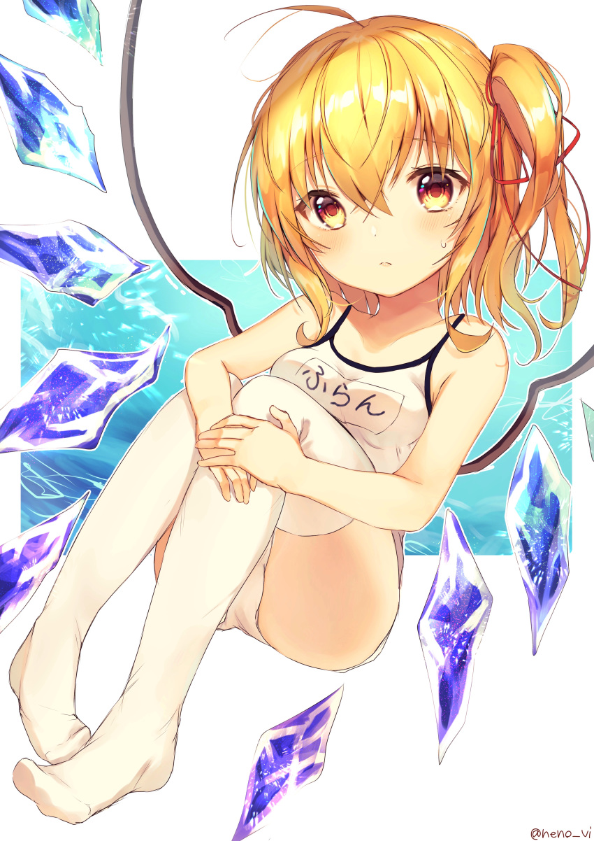 absurdres ahoge ass bad_id bad_pixiv_id bare_arms bare_shoulders blonde_hair blush breasts commentary_request competition_school_swimsuit crystal flandre_scarlet full_body hair_between_eyes highres knees_up looking_at_viewer nenobi_(nenorium) no_hat no_headwear no_shoes one-piece_swimsuit red_eyes school_swimsuit short_hair side_ponytail sitting small_breasts solo swimsuit thighhighs touhou translation_request white_background white_legwear wings