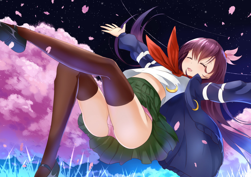 absurdres ass black_legwear brown_hair cherry_blossoms closed closed_eyes commentary_request crescent crescent_moon_pin eyebrows_visible_through_hair grass green_skirt hair_ornament highres jacket kantai_collection kisaragi_(kantai_collection) long_hair long_sleeves neckerchief night open_mouth panties petals pink_panties pleated_skirt remodel_(kantai_collection) school_uniform serafuku skirt sky smile solo star_(sky) starry_sky thighhighs underwear zavok