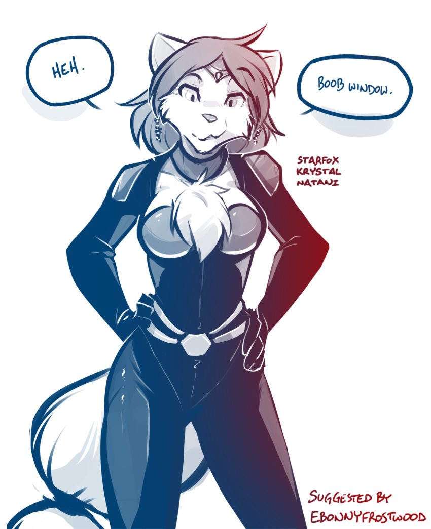 anthro bodysuit breasts canine chest_tuft cleavage clothed clothing cosplay crown dialogue ear_piercing english_text female hands_on_hips hi_res keidran krystal mammal monochrome natani nintendo piercing simple_background sketch skinsuit skintight_suit solo star_fox text tiara tight_clothing tom_fischbach tuft twokinds video_games white_background wolf