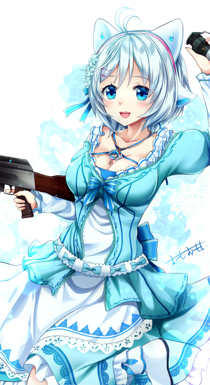 :d ak-47 animal_ears arm_up assault_rifle bangs blue_bow blue_dress blue_eyes blush bow breasts cleavage collarbone commentary_request dennou_shoujo_youtuber_shiro dress explosive eyebrows_visible_through_hair flower grenade gun hair_between_eyes hair_bow hair_flower hair_ornament highres holding holding_grenade holding_gun holding_weapon long_sleeves looking_at_viewer medium_breasts omoomomo open_mouth puffy_short_sleeves puffy_sleeves rifle shiro_(dennou_shoujo_youtuber_shiro) short_over_long_sleeves short_sleeves signature silver_hair smile solo upper_teeth virtual_youtuber weapon white_dress white_flower