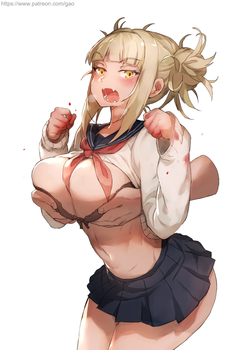 bangs black_bra blonde_hair blood bloody_clothes blue_sailor_collar blue_skirt blunt_bangs boku_no_hero_academia bra breast_grab breast_hold breasts cardigan clothes_lift double_bun eyebrows_visible_through_hair fangs gao_(gaolukchup) grabbing grabbing_from_behind hands_up highres large_breasts legs_together long_sleeves looking_at_viewer miniskirt navel neckerchief open_mouth patreon_username pleated_skirt red_neckwear sailor_collar school_uniform serafuku sidelocks simple_background skirt solo_focus sweater sweater_lift toga_himiko underwear watermark web_address white_background yellow_eyes