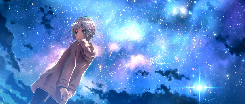 anastasia_(idolmaster) arms_behind_back blue_eyes cloud coat cowboy_shot diffraction_spikes eyebrows_visible_through_hair fur_trim highres hood hood_down hooded_coat idolmaster idolmaster_cinderella_girls interlocked_fingers looking_back night night_sky own_hands_together pantyhose short_hair silver_hair sky smile solo star_(sky) starry_sky winter_clothes winter_coat yuuki_tatsuya