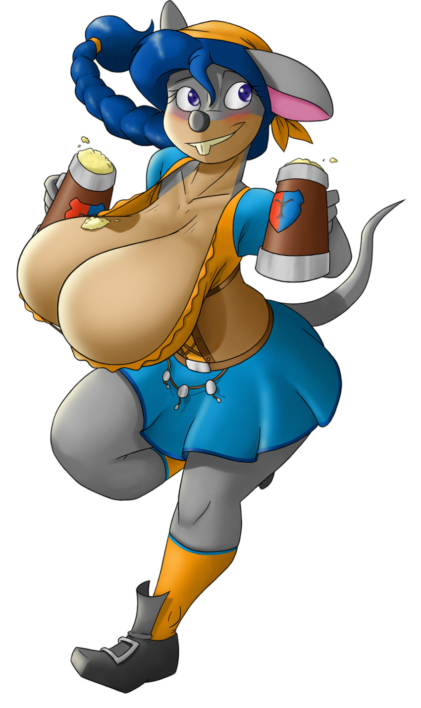 alcohol alpha_channel anthro beverage big_breasts blue_eyes blue_hair blush braided_hair breasts buckteeth cleavage clothed clothing creatiffy eyelashes female hair huge_breasts mammal mouse paulina_(thea_sisters) rodent skirt solo teeth