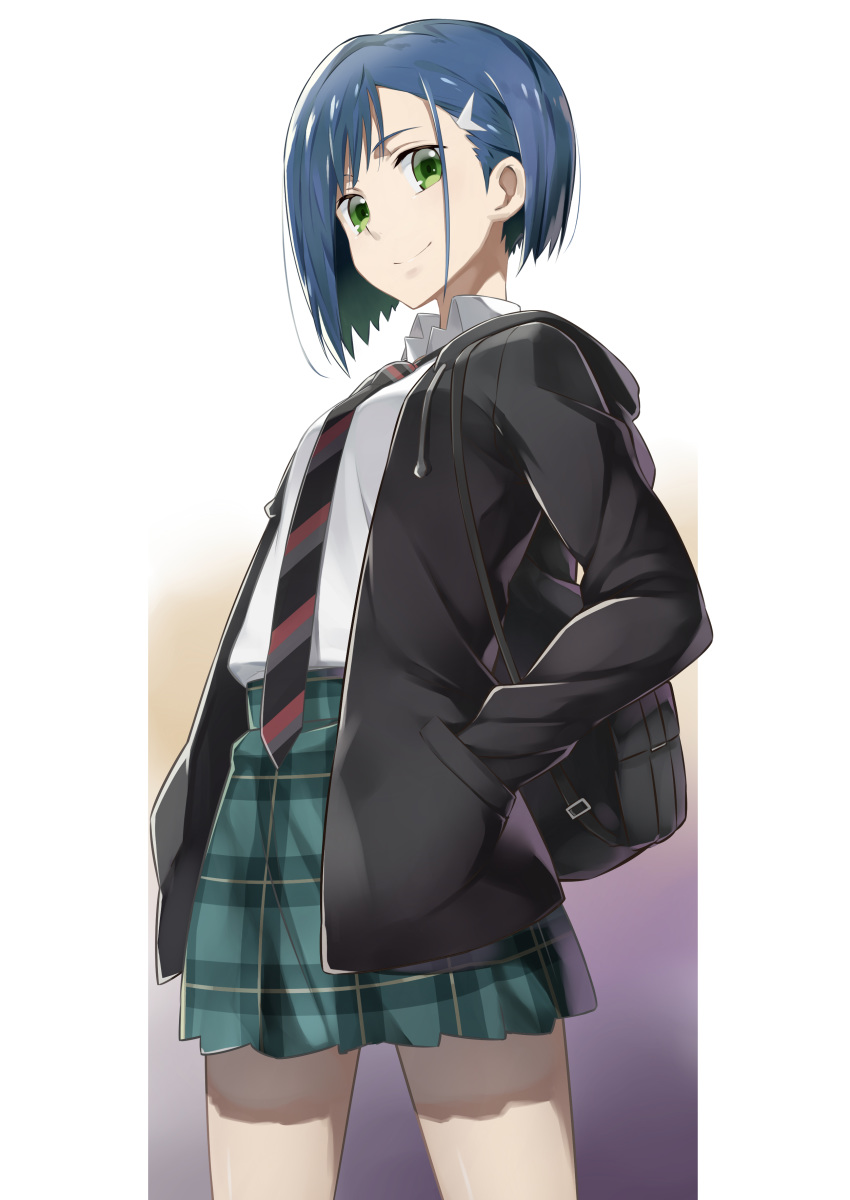 absurdres bag blue_hair closed_mouth commentary_request cowboy_shot darling_in_the_franxx gradient gradient_background green_eyes hair_ornament hairclip hands_in_pockets highres hood hooded_jacket ichigo_(darling_in_the_franxx) jacket necktie plaid plaid_skirt school_uniform short_hair skirt smile solo standing straight_hair takahan