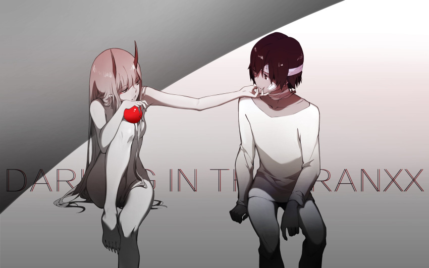 1girl apple bandage_on_face bandaged_head bandaged_neck bandages bangs barefoot black_hair breasts chenaze57 clothed_male_nude_female commentary_request couple darling_in_the_franxx eyebrows_visible_through_hair fingernails food fruit hair_censor hair_over_crotch hair_over_one_breast hand_on_another's_chin hetero highres hiro_(darling_in_the_franxx) holding holding_food holding_fruit horns large_breasts long_hair looking_at_another nail nude oni_horns pajamas pink_hair red_horns sitting zero_two_(darling_in_the_franxx)